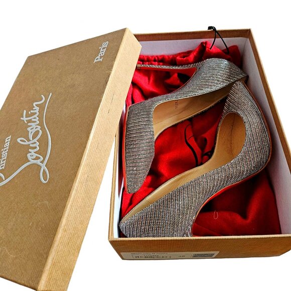 CHRISTIAN LOUBOUTIN METALLIC GLITTER NUDE DECOLTISH 85 NAPPA HEELS (38) - Picture 10 of 11